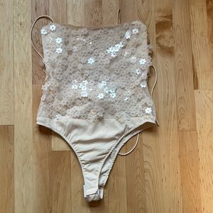 NWT Zara Sequined Cross Tie Bodysuit. Cream